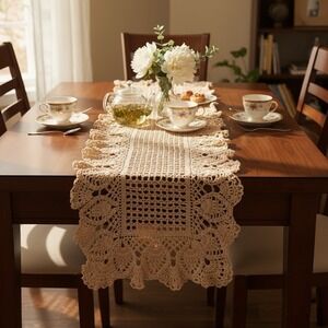 Vintage Antique Hand Crocheted Lace Doily Runner Dresser Table Topper 40"x15"